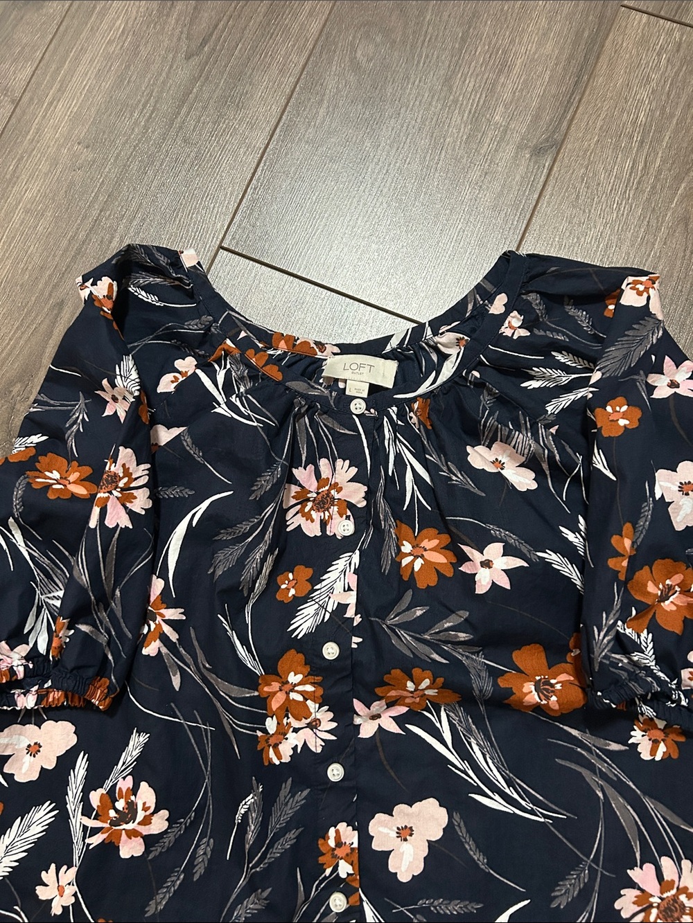 LOFT Navy Floral Button-Front Blouse with Pink and Rust Flowers